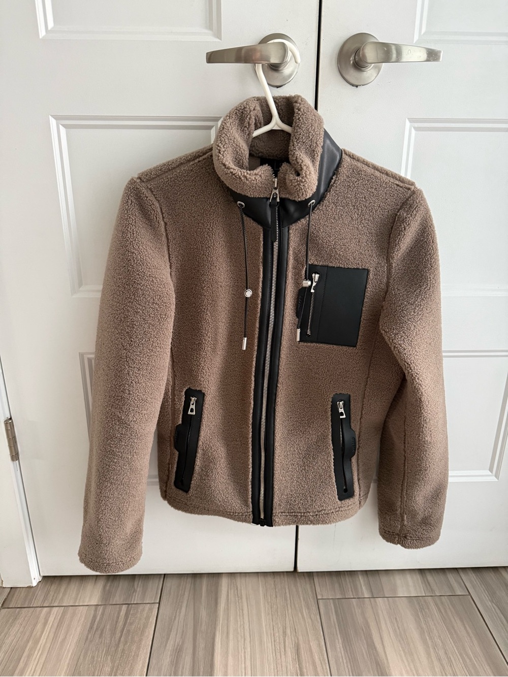 RUDSAK Taupe Sherpa Jacket with Black Leather Trim